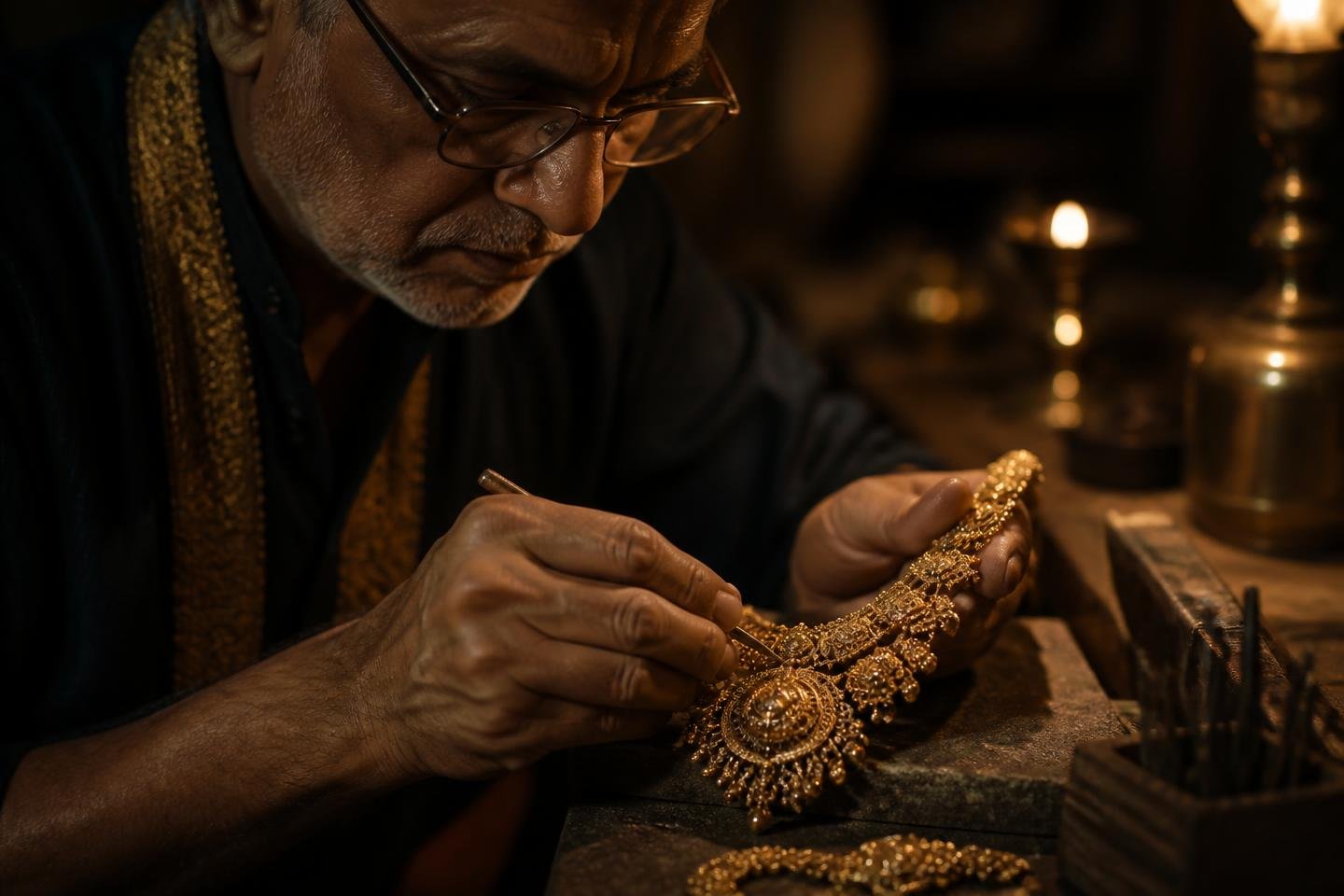 Goldsmith hand-finishing an ornate gold necklace